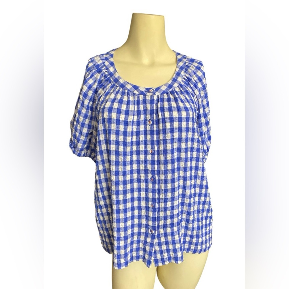 Jane + Delancey Women's Blue & White Gingham Gauze Top - Size Small - Summer
